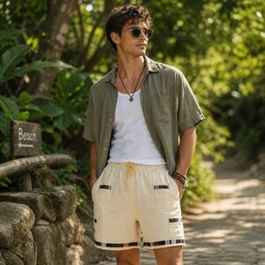 Conoz Mens XL Handwoven Cotton Cargo Shorts Yellow Boho Woven Trim Drawstring